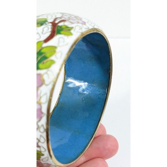 Large Wide Vintage Cloisonne Enamel Bangle Bracelet - Flowers Leaves Clouds - Picture 8 of 16